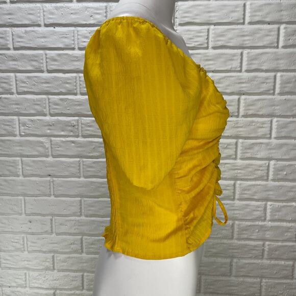 BCX On Off Shoulder Top Womens Medium Yellow Ruched Front Smocked Back Puff Slv - Picture 5 of 8